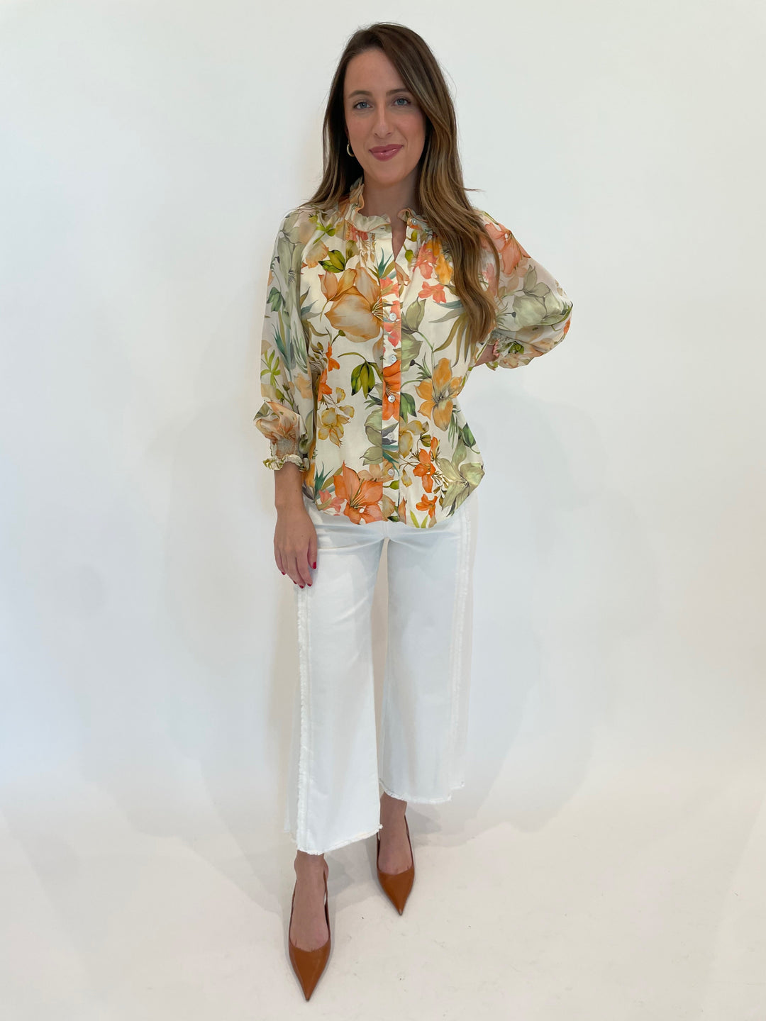 Finley Fiona Botanical Print Shirt in Natural/Coral/Sage paired with Lysse Noah Hi Waist Crop Wide Fringe Jeans in Ecru White available at Barbara Katz