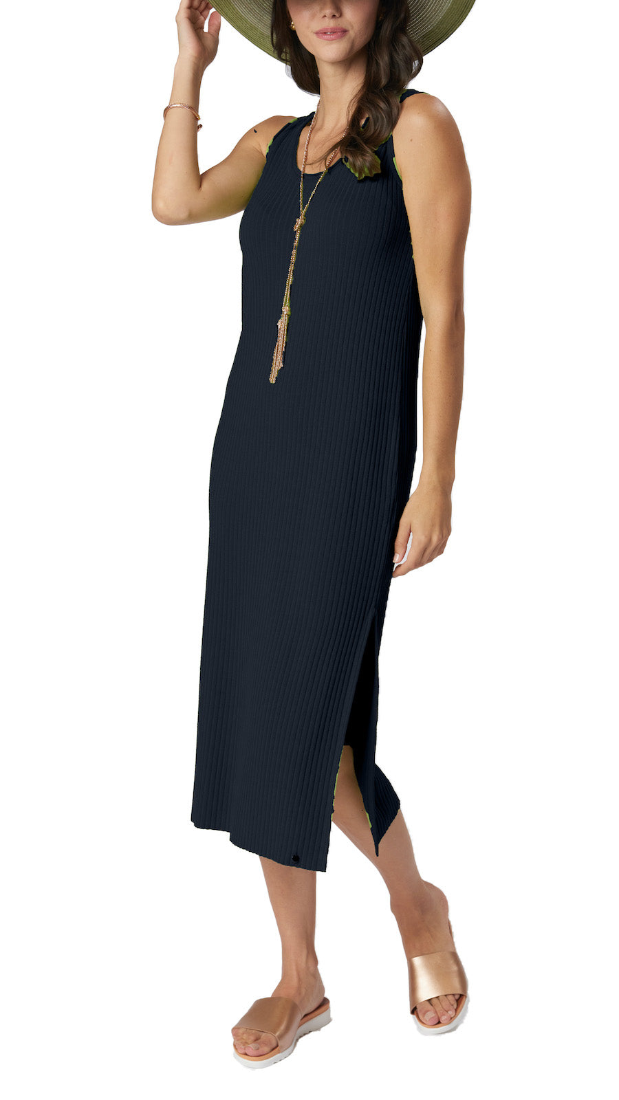 Biana Betsy Vertical Rib Knit Sleeveless Mid-Calf Sheath Dress in Dark Navy available at Barbara Katz