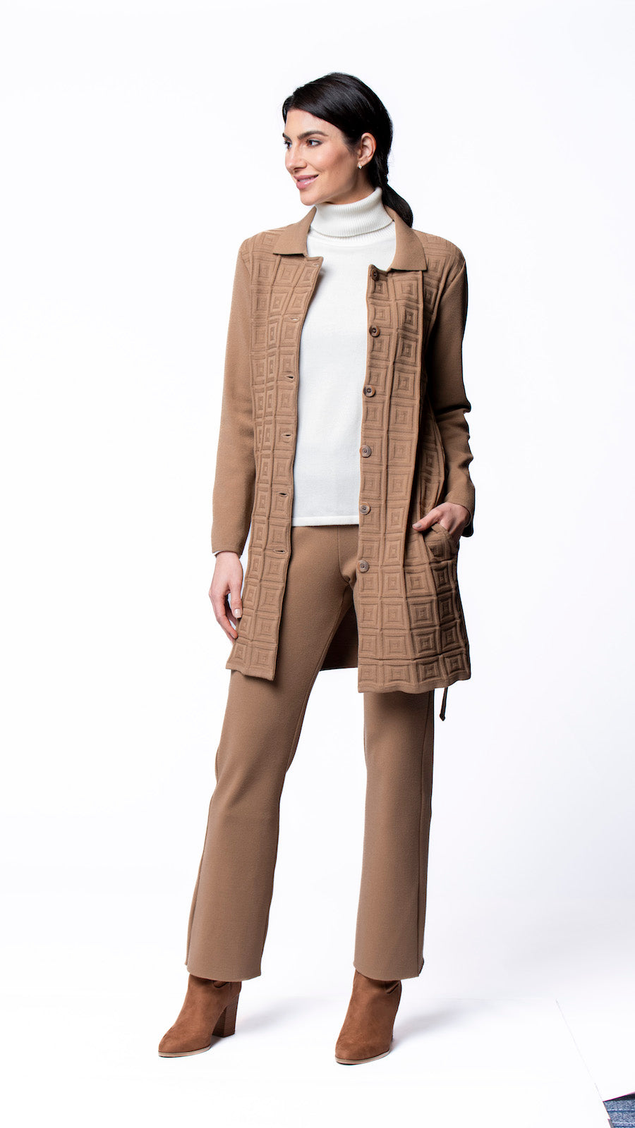 Biana Sydney Square-Patern Knit Car Coat in Mocha available at Barbara Katz