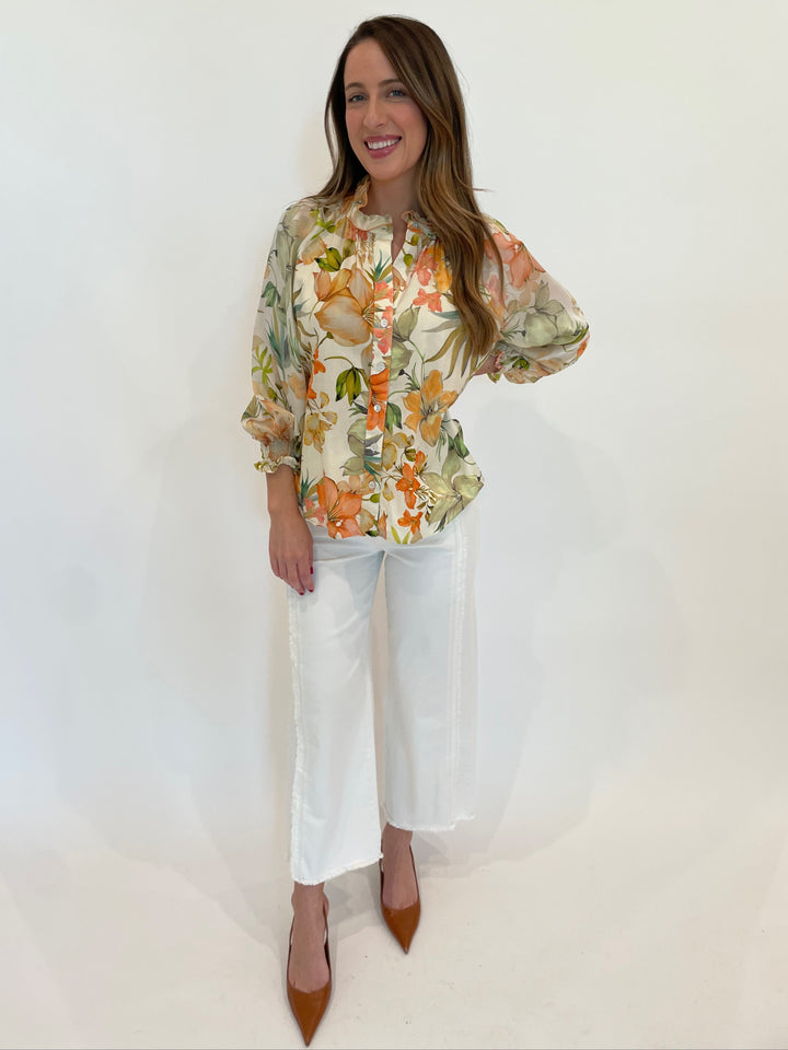 Finley Fiona Botanical Print Shirt in Natural/Coral/Sage paired with Lysse Noah Hi Waist Crop Wide Fringe Jeans in Ecru White available at Barbara Katz