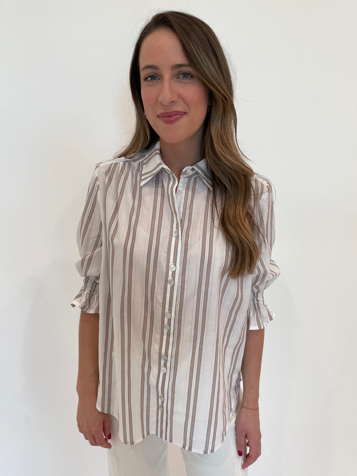 Finley Sirena Drop Needle Stripe Shirt in White/Tan available at Barbara Katz