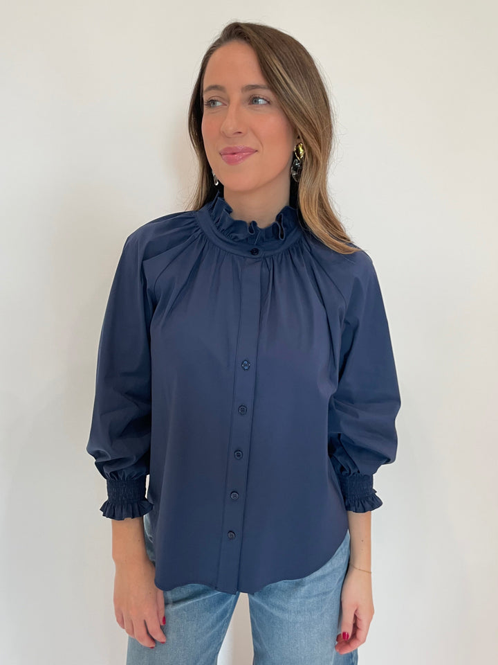 Finley Fiona Solid Silky Poplin Shirt in Navy with Alexis Bittar Liquid Lucite Wafer Post Earrings available at Barbara Katz