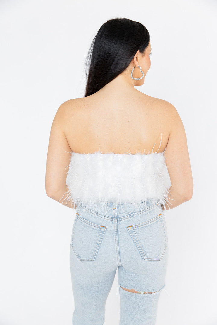 Fancy Strapless Feather Crop Top - White