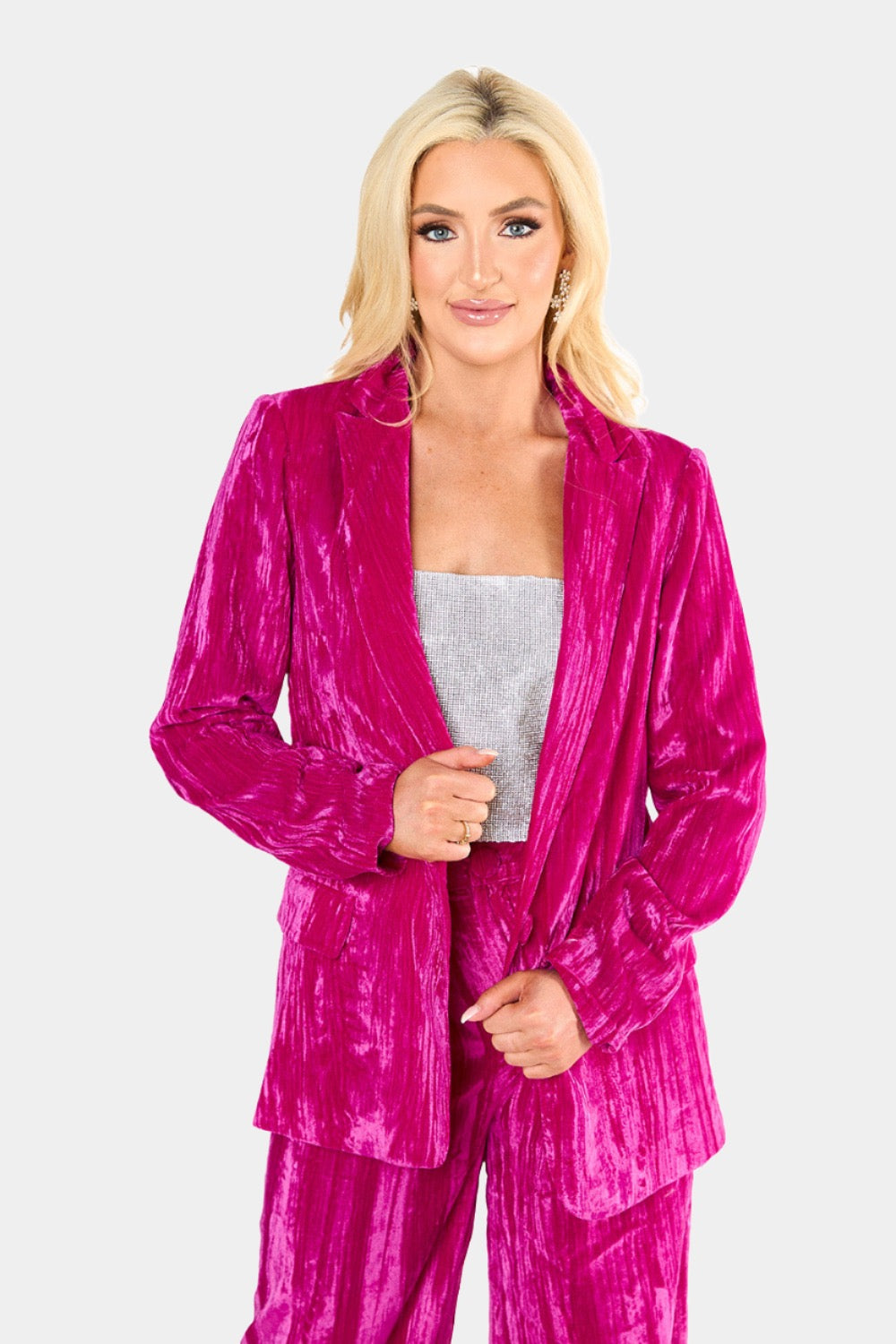 BuddyLove Heff Crushed Velvet Blazer in Fuchsia available at Barbara Katz