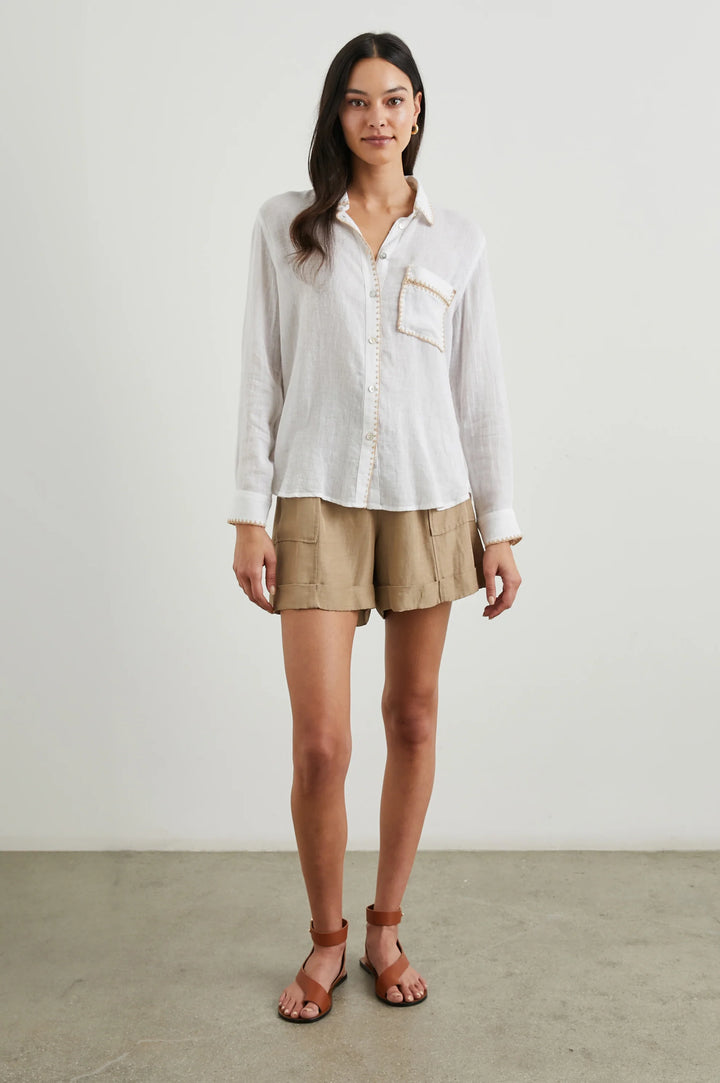 Rails Charli Long Sleeve Collared Shirt in White Blanket Stitch