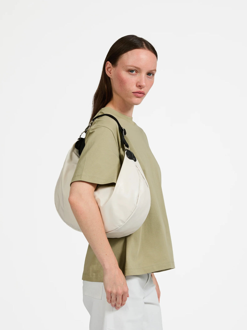 Jack Gomme Charlie Half Moon Shoulder Bag in Matte Ecru available at Barbara Katz