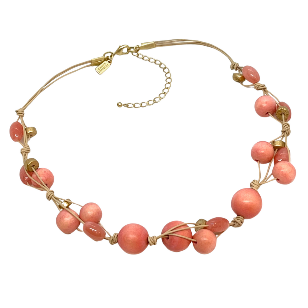 Deborah Grivas Peach and Gold Wood with Watermelon Quartz Woven Necklace on Putty Leather