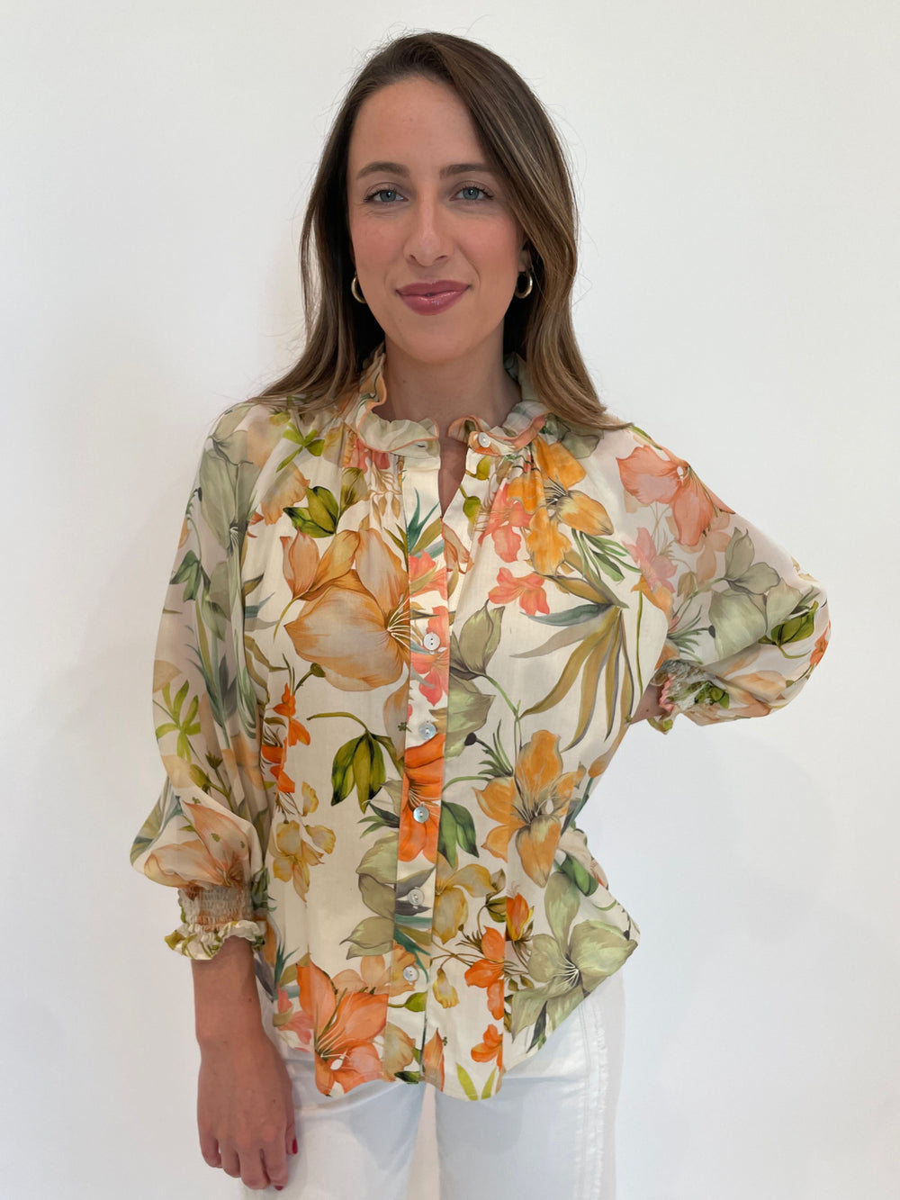 Finley Fiona Botanical Print Shirt in Natural/Coral/Sage available at Barbara Katz