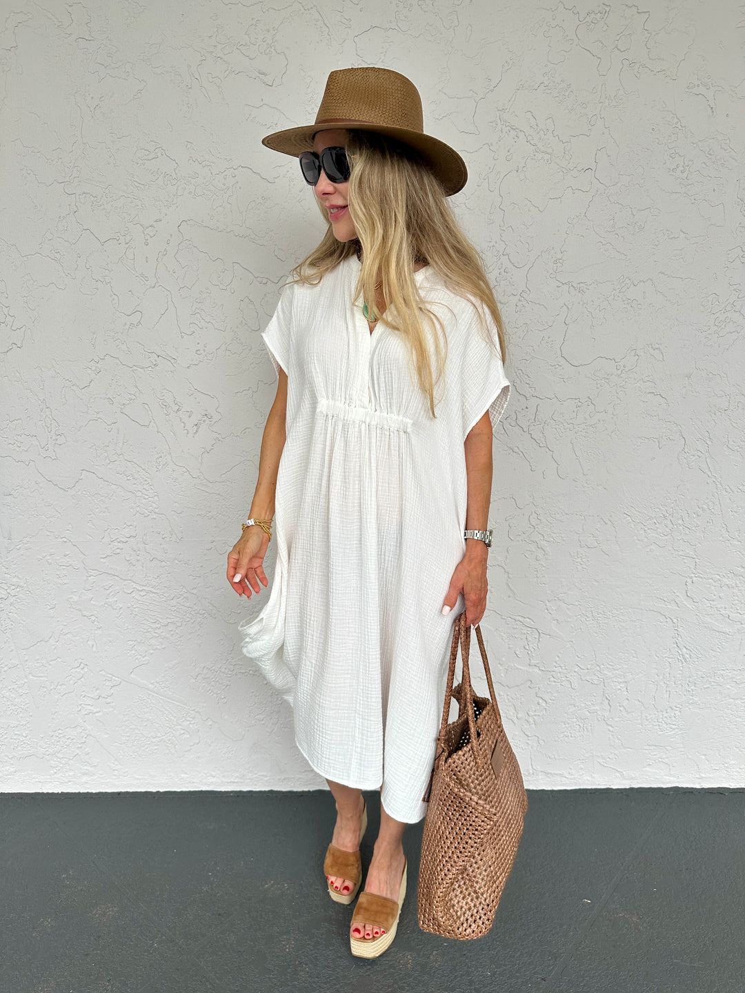 Sundays Coco Caftan Dress in White, matched with Daniella Lehavi Vivian Woven Large Tote Bag, and Janessa Leone Sherman Hat