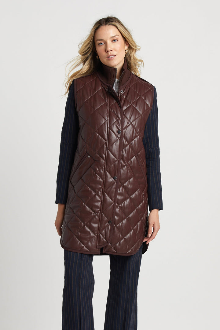 Adroit Atelier Destiny Sleeveless Quilted Vest With Side Zipper Detail in Chocolate available at Barbara Katz