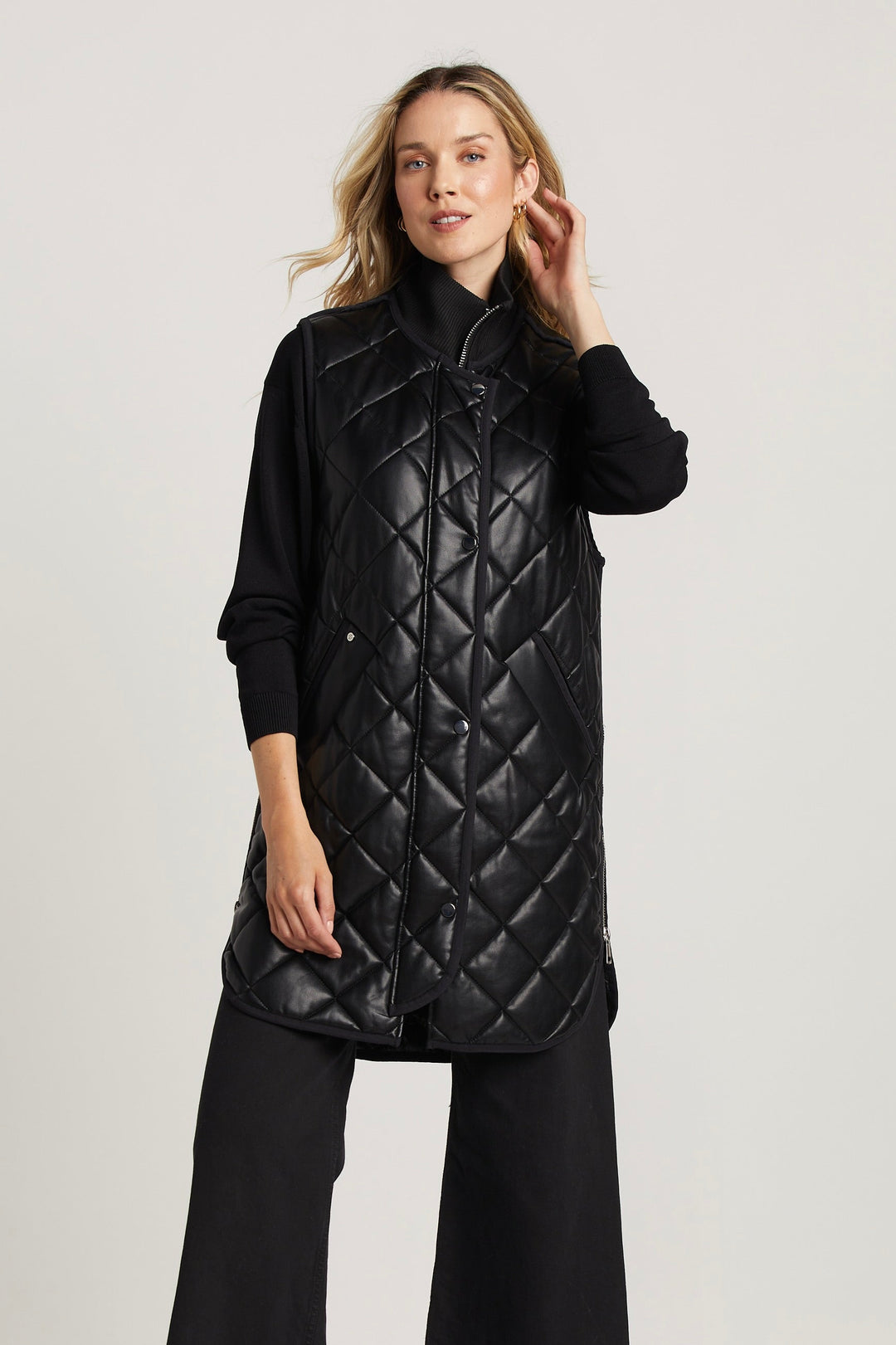 Adroit Atelier Destiny Sleeveless Quilted Vest With Side Zipper Detail in Black available at Barbara Katz