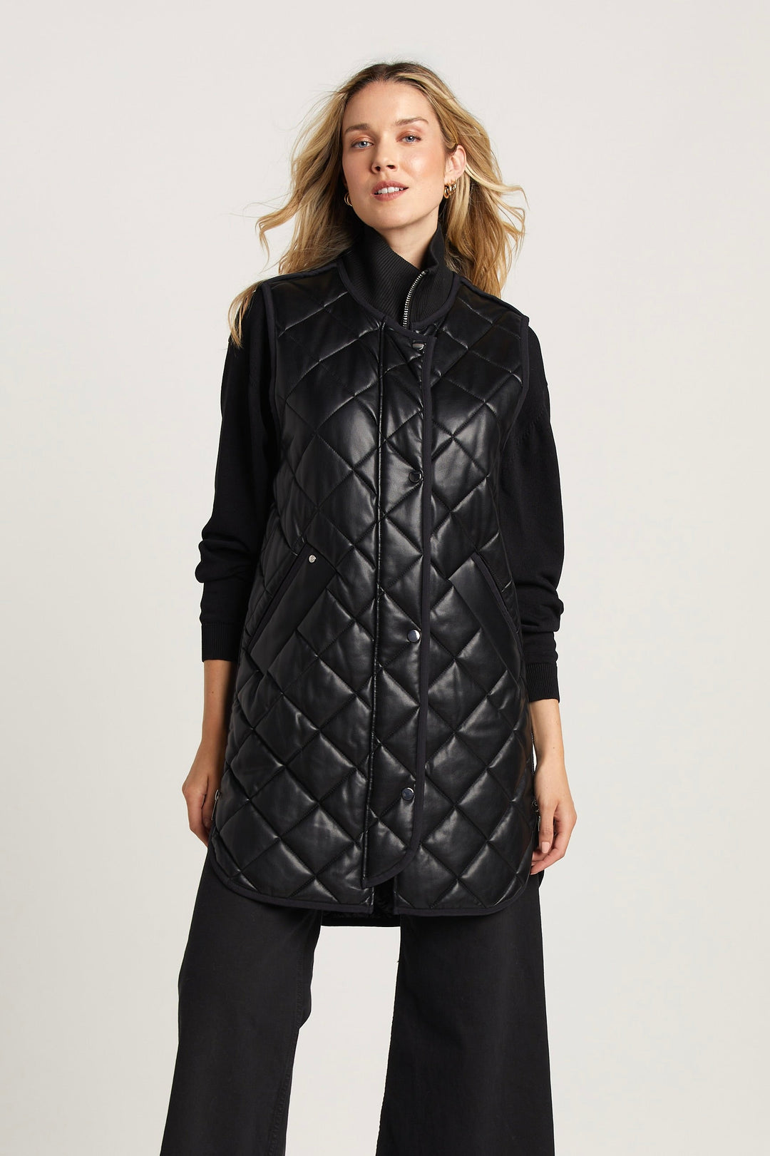 Adroit Atelier Destiny Sleeveless Quilted Vest With Side Zipper Detail in Black available at Barbara Katz