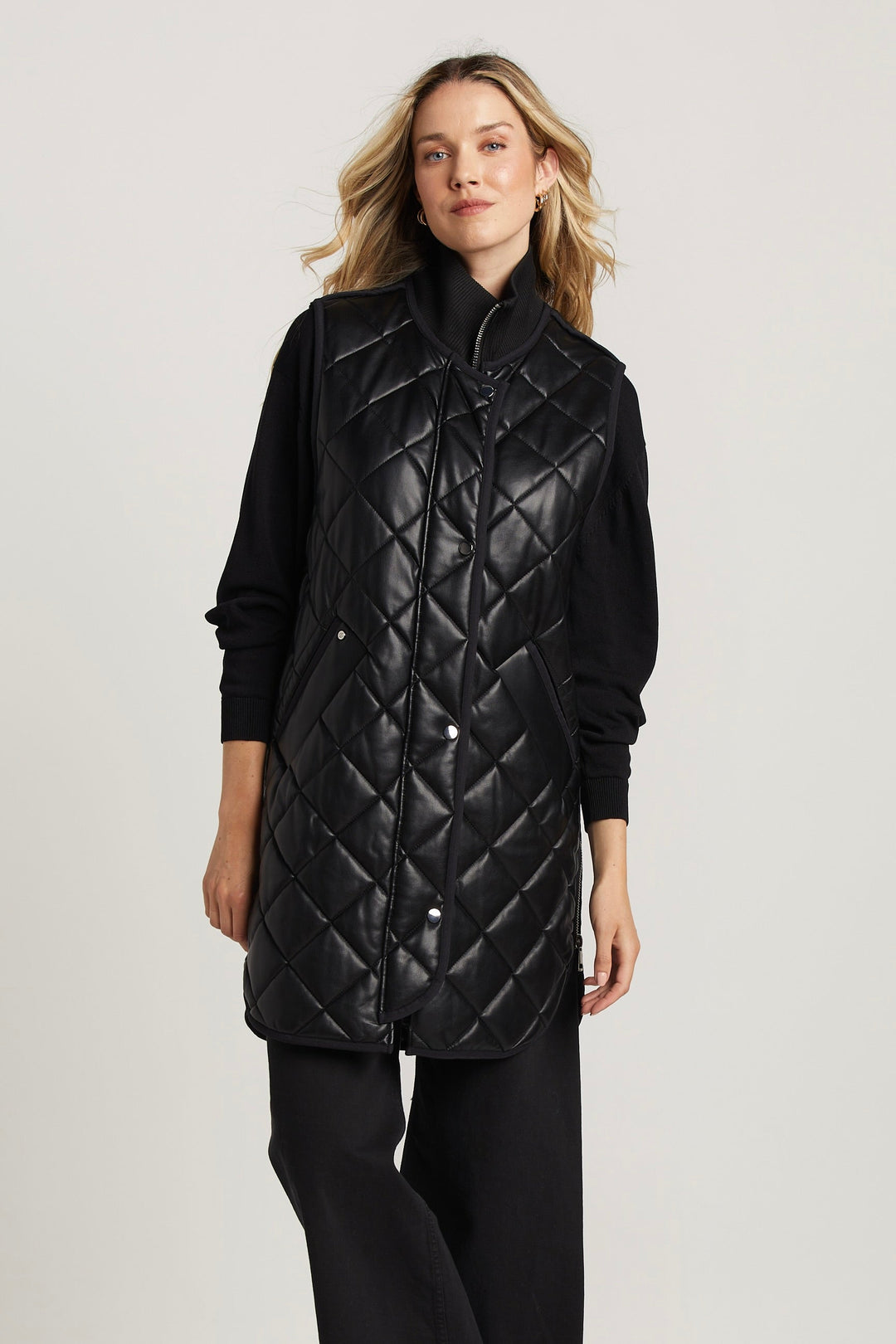 Adroit Atelier Destiny Sleeveless Quilted Vest With Side Zipper Detail in Black available at Barbara Katz