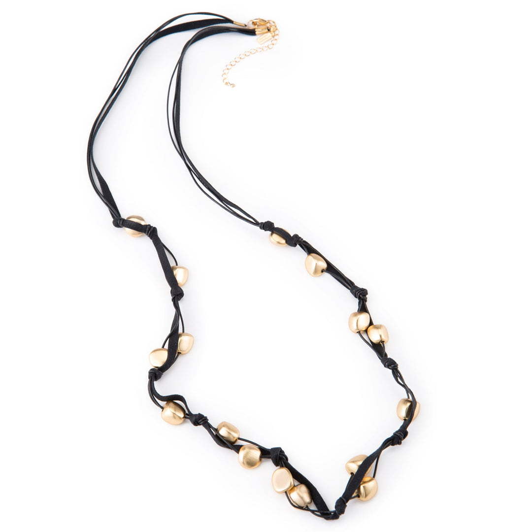 Deborah Grivas Matte Gold Pebble Bead Black Leather And Suede Layer Necklace