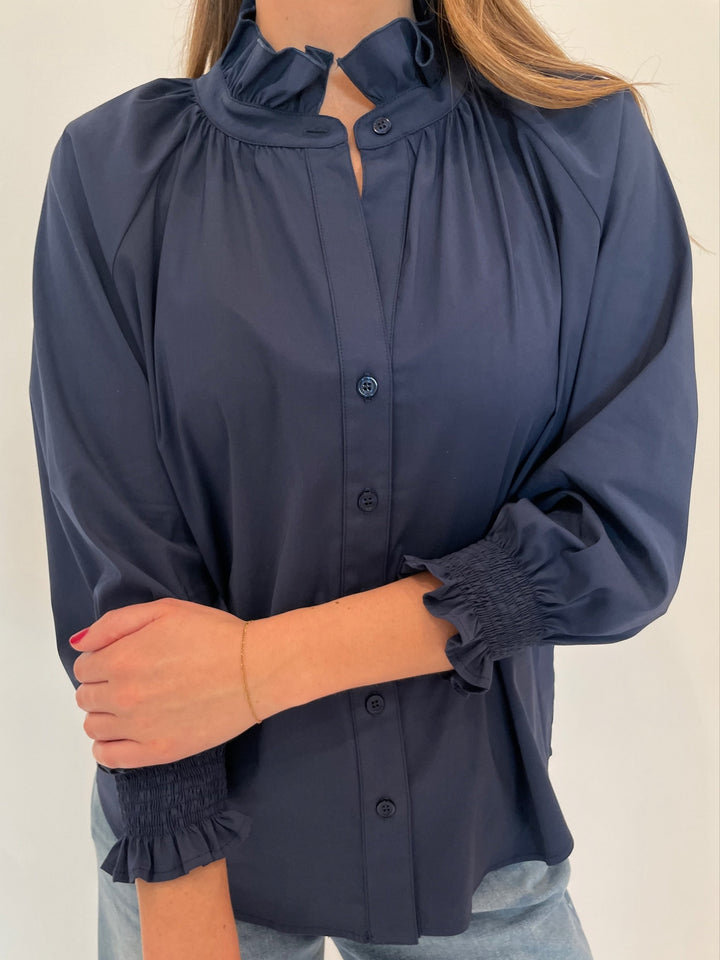 Finley Fiona Solid Silky Poplin Shirt in Navy available at Barbara Katz