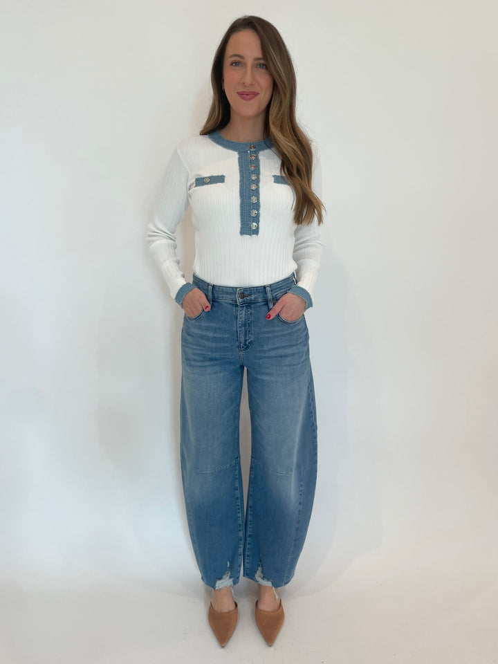 Leo & Ugo Morella Silver & Button Down Sweater in White/Denim paired with MAC Dakota Barrel Leg Jeans in Medium Denim wash available at Barbara Katz