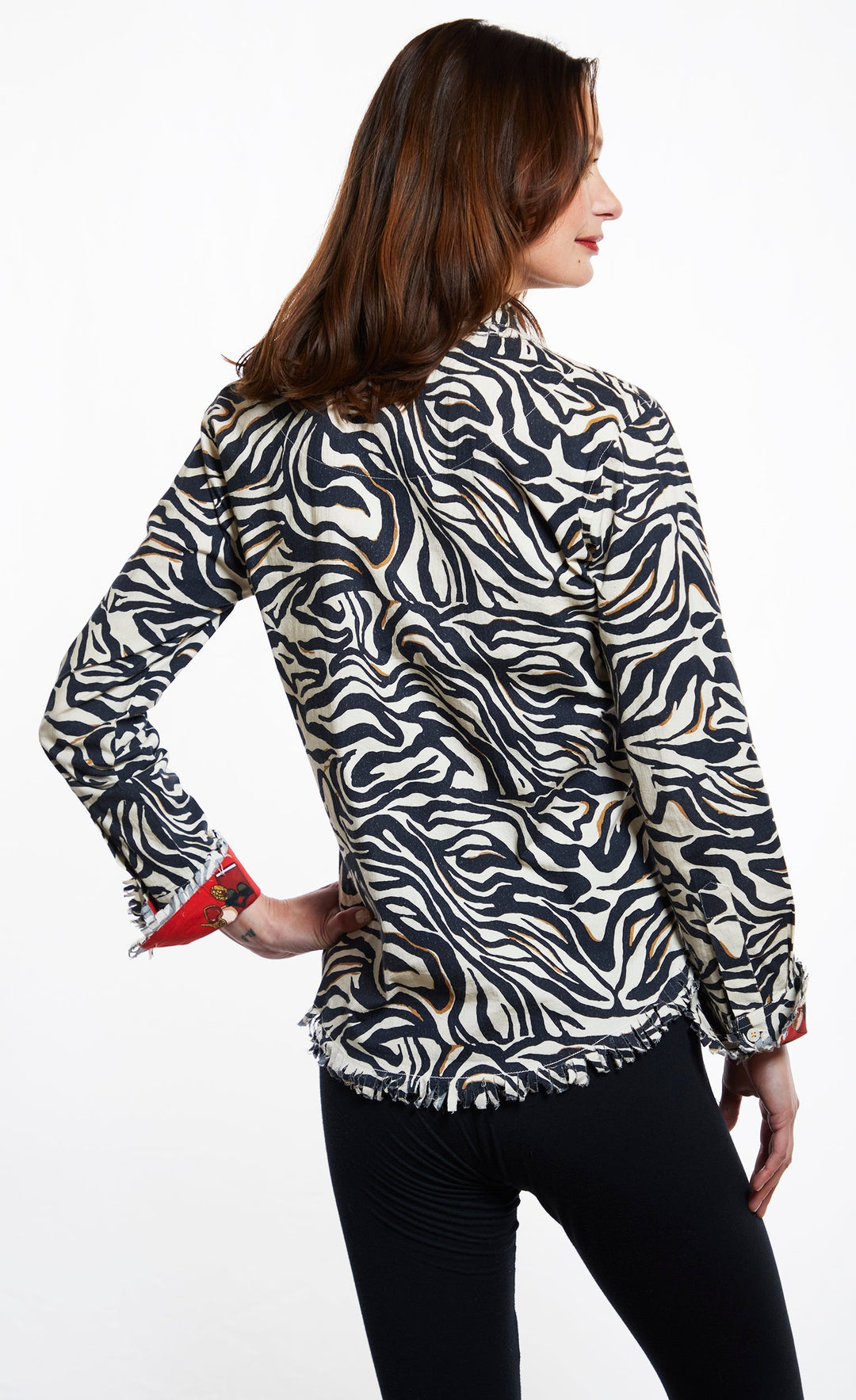 Dizzy-Lizzie Cape Cod Frayed Shirt - Black/White Zebra Print available at Barbara Katz