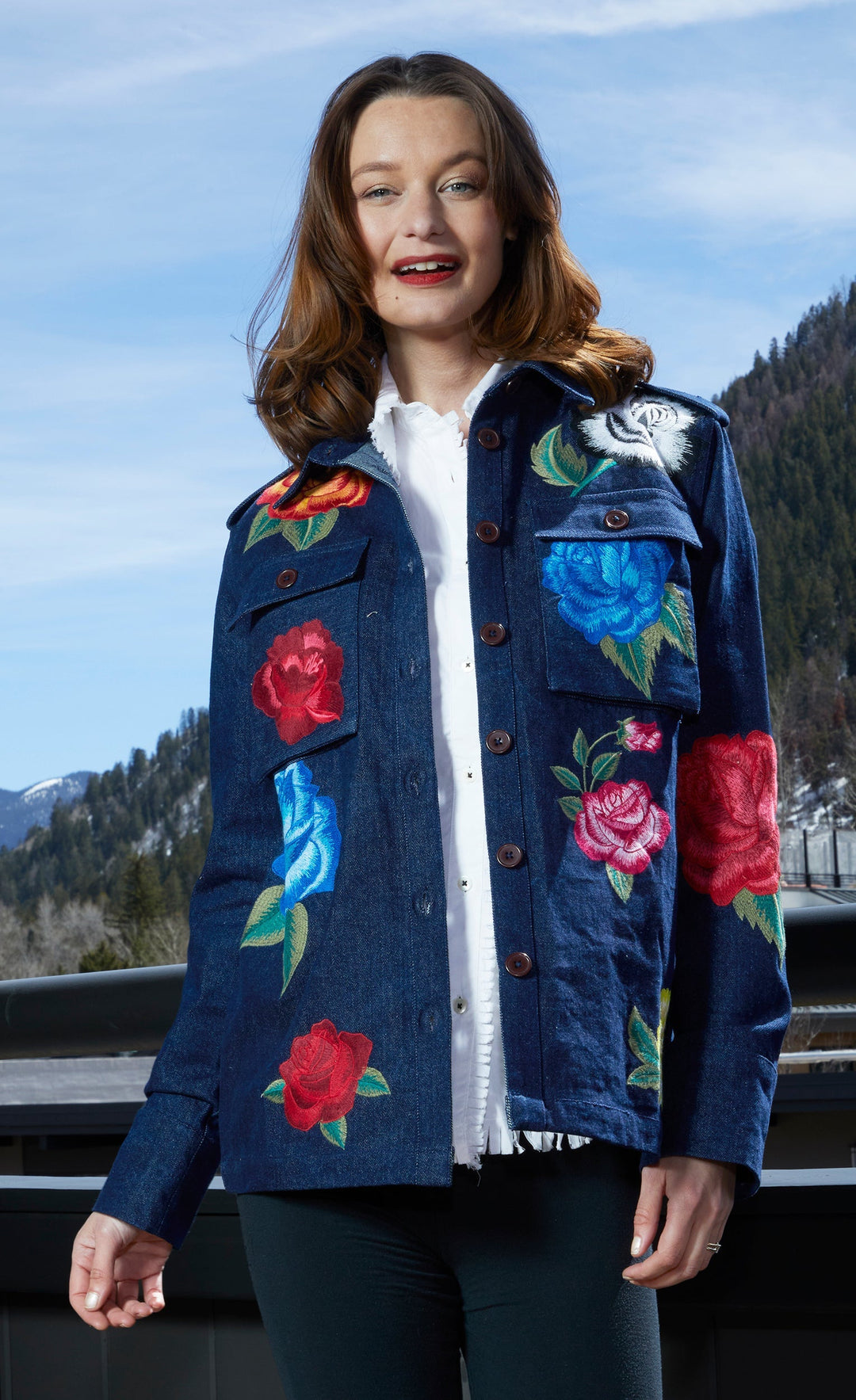 Dizzy-Lizzie Embroidered Denim Jacket available at Barbara Katz