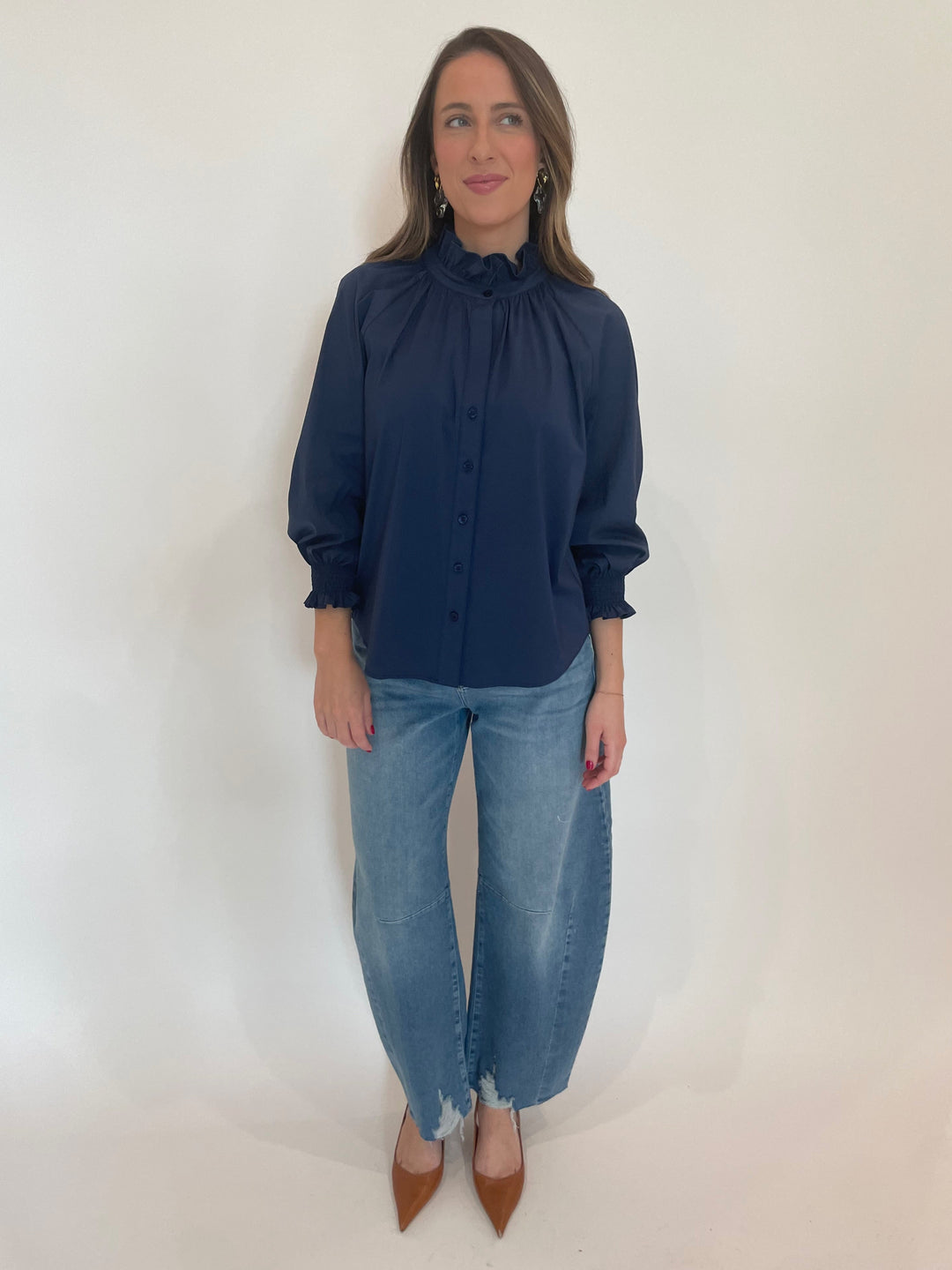 Finley Fiona Solid Silky Poplin Shirt in Navy paired with MAC Denim Dakota Barrel Leg Jeans in Medium Denim available at Barbara Katz