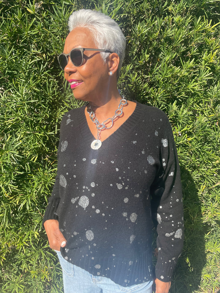 Pure Amici Foil Splash V-Neck Sweater in Black with Lizzie Fortunato Porto Chain Necklace and Porto Pendant in Silver available at Barbara Katz