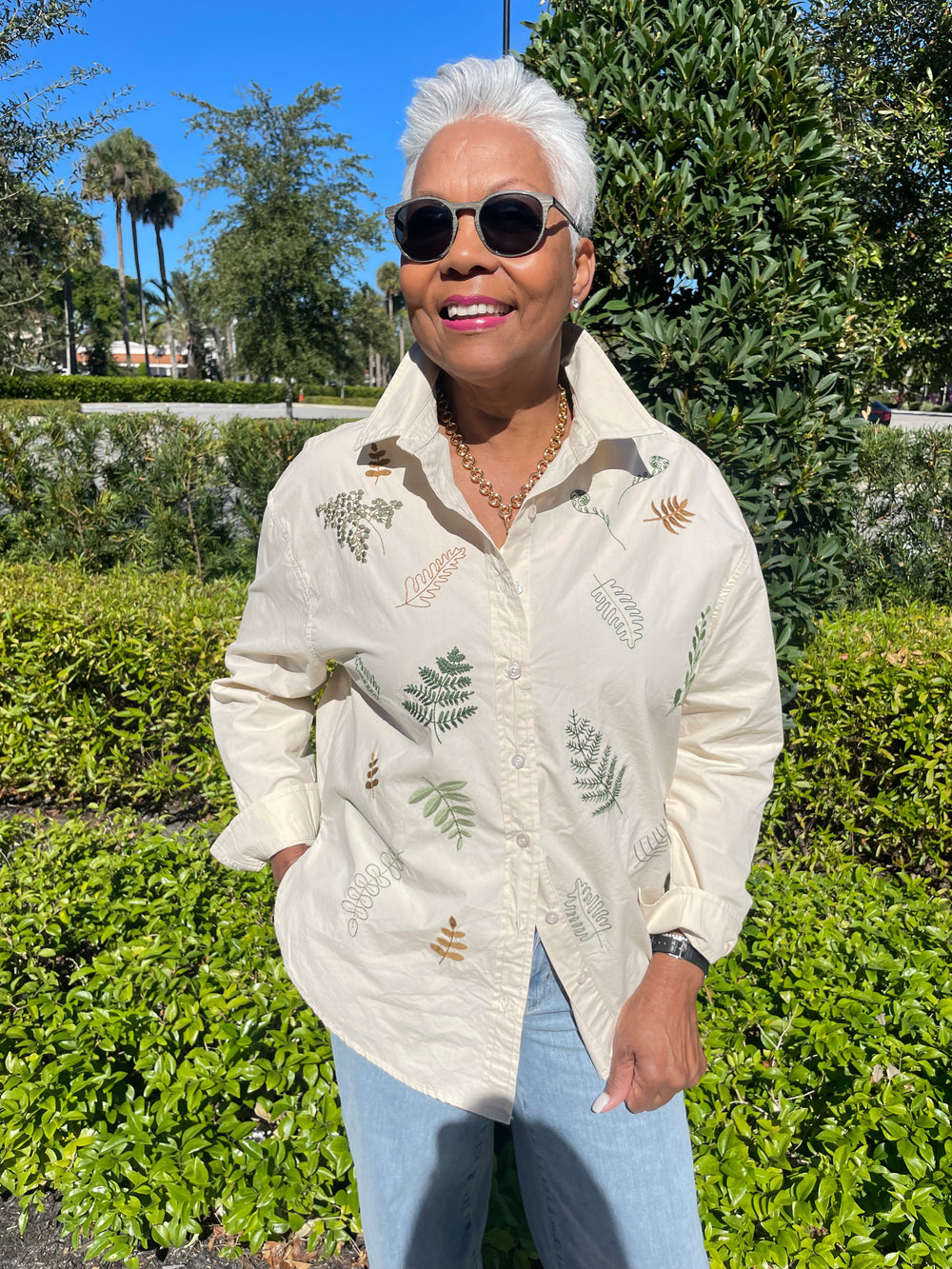 BK Botanic Embroidered Leaf Shirt with Lizzie Fortunato Mood Necklace and Golden Love Charm available at Barbara Katz