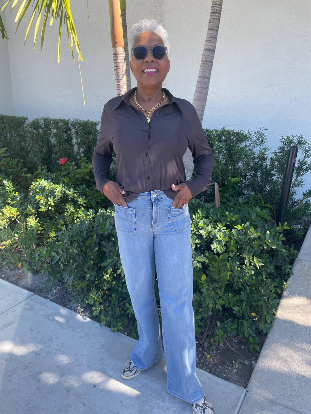 Lola & Sophie D-Satin Hybrid Shirt in Cold Brew paired with Frame Le Slim Palazzo Bardot Pocket Jeans in Wilson Clean, Lizzie Fortunato Mood Necklace and Golden Love Charm available at Barbara Katz