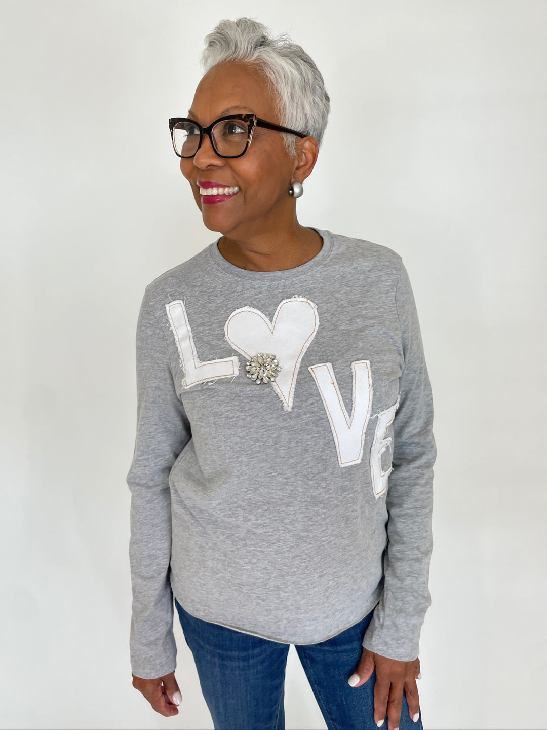 Suzy T Kim Love Crew Neck Top in Light Grey with Pono Silver Lea Barile Earrings available at Barbara Katz