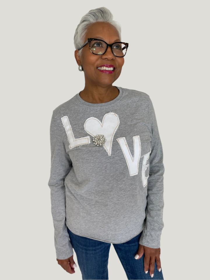 Suzy T Kim Love Crew Neck Top in Light Grey with Pono Lea Barile Earring in Silver available at Barbara Katz