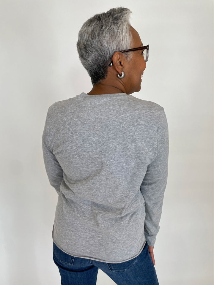 Suzy T Kim Love Crew Neck Top in Light Grey available at Barbara Katz