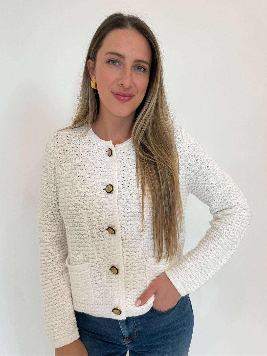 Elliott Lauren Top Priority Button Front Cardigan in White with Ben Amun Ribbed Clip-On Earrings in Gold available at Barbara Katz