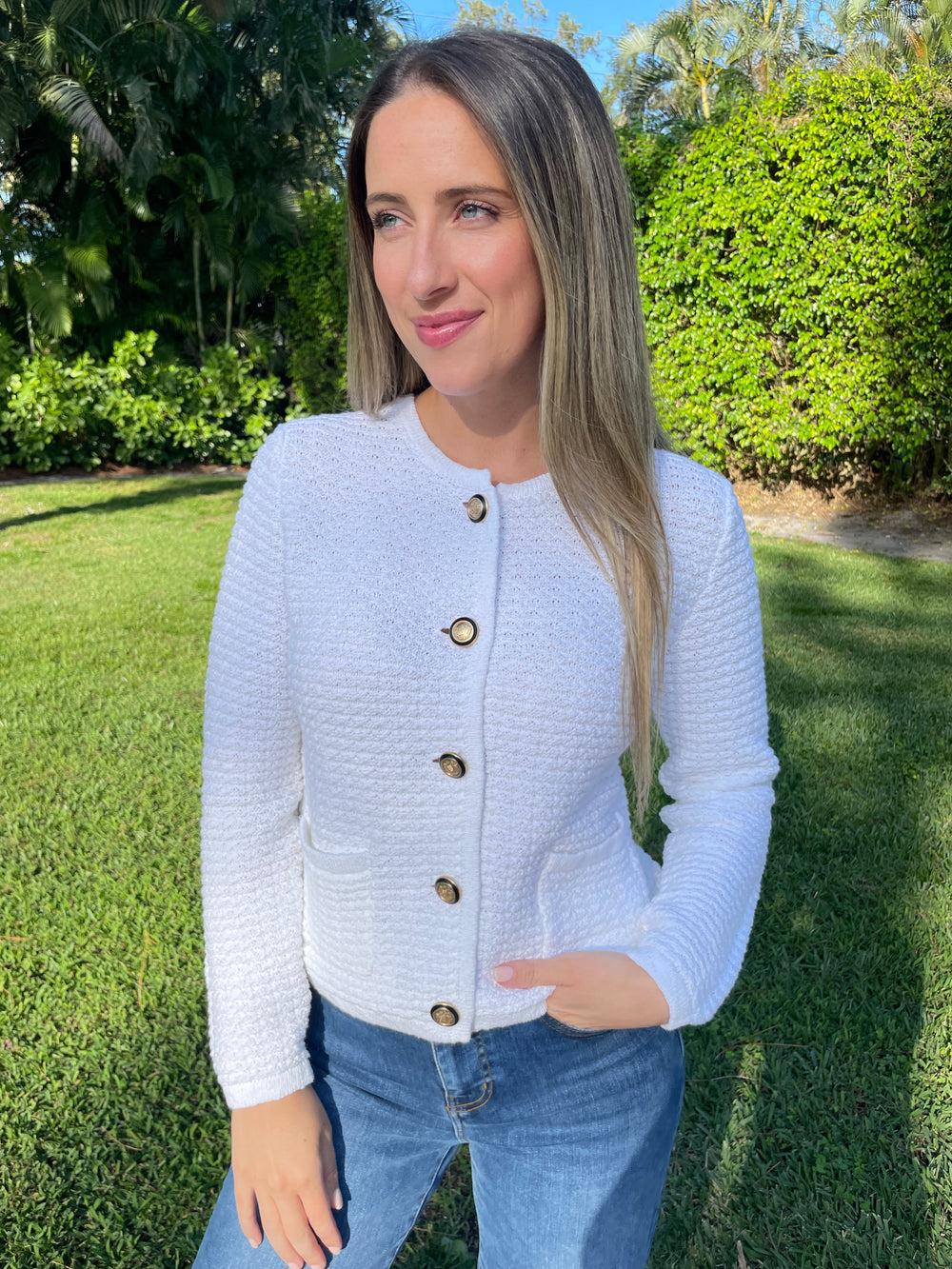 Elliott Lauren Top Priority Button Front Cardigan in White available at Barbara Katz