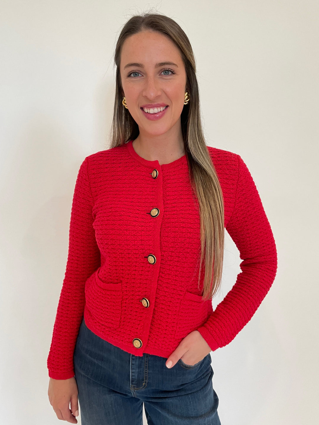 Elliott Lauren Top Priority Button Front Cardigan  in Red with Ben Amun Madeline Clip-On Link Earrings in Gold available at Barbara Katz