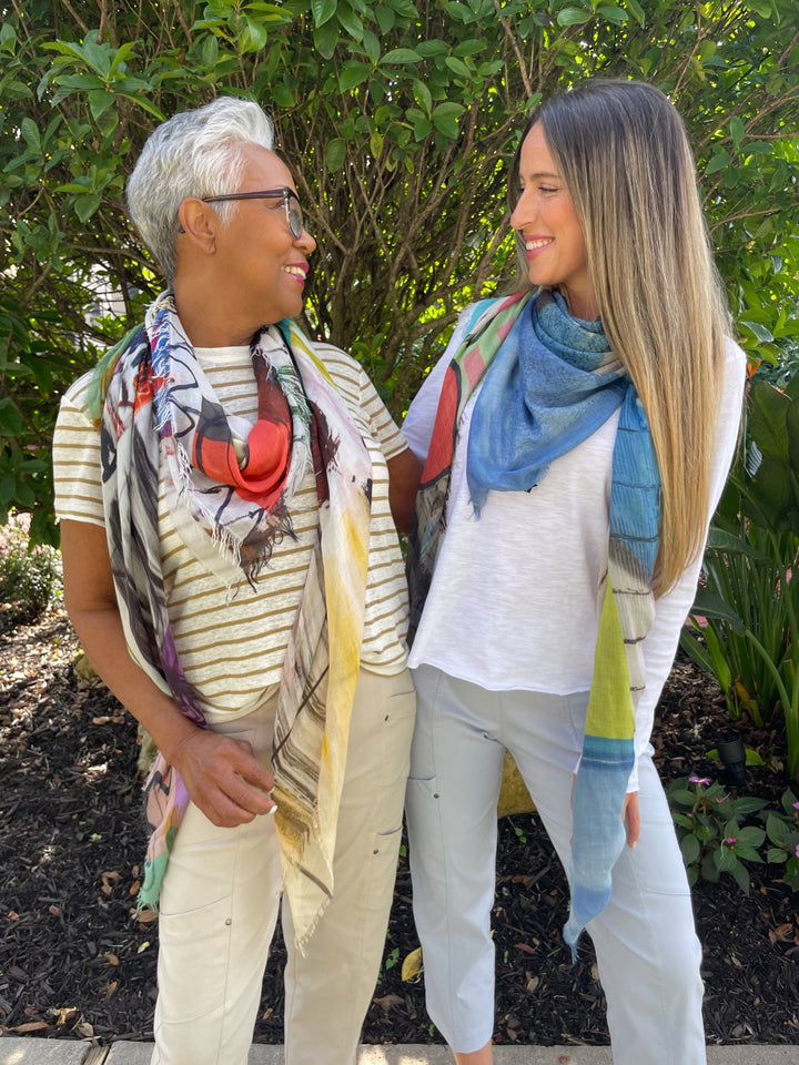 Frame Linen Baby Tee in Dark Khaki with Suzi Roher Cristina Scarf in Creativity Takes Courage print paired with Elliott Lauren Crop Cargo Pants in Chino and Elliott Lauren Raw Edge Tee in White with Suzi Roher Cristina Scarf in Pie in the Sky print paired with Elliott Lauren Crop Cargo Pants in Frost available at Barbara Katz