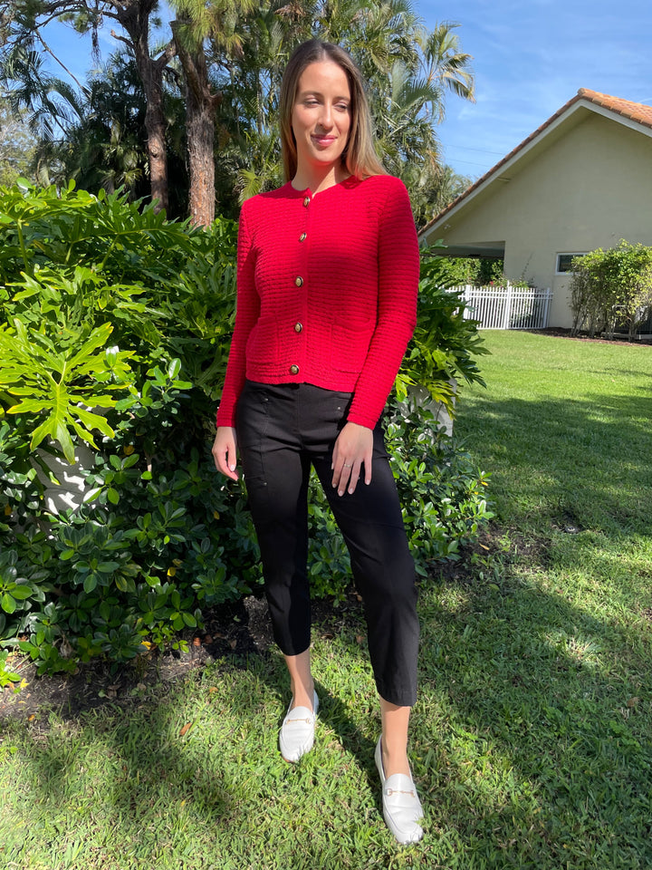 Elliott Lauren Top Priority Button Front Cardigan in Red paired with Elliott Lauren Crop Cargo Pants in Black available at Barbara Katz