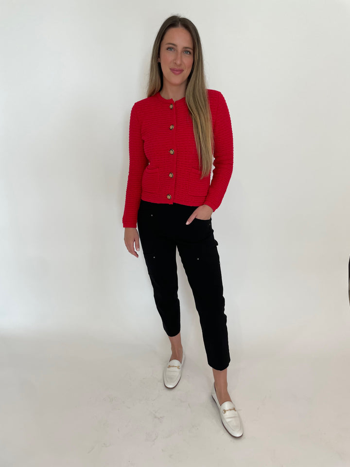 Elliott Lauren Red Top Priority Button Front Cardigan paired with Elliott Lauren Black Crop Cargo Pants available at Barbara Katz