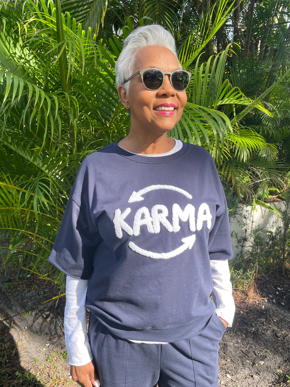 Elliott Lauren French Terry Karma Sweatshirt in Navy with White Raw Edge Tee underneath available at Barbara Katz