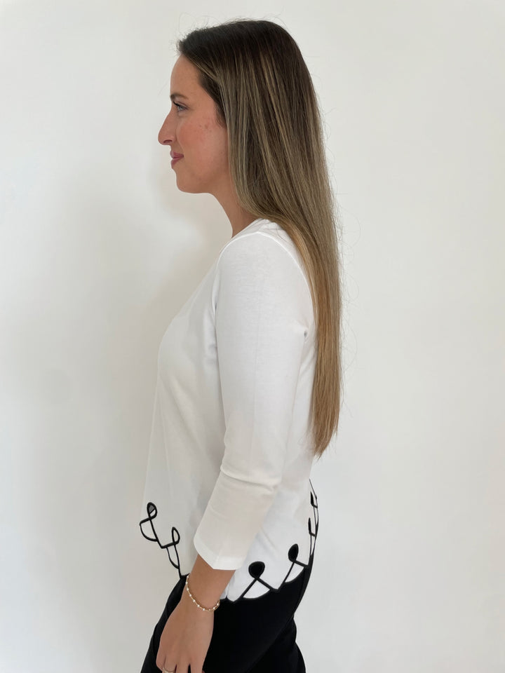 E.L.I Fany 3/4 Sleeve Top With Embroidered Trim in White/Black available at Barbara Katz