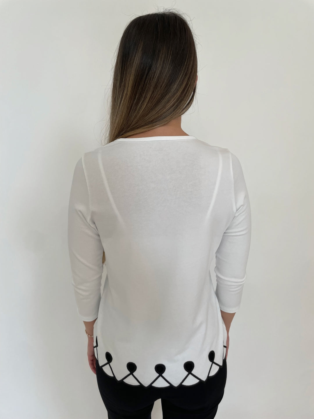 E.L.I Fany 3/4 Sleeve Top With Embroidered Trim in White/Black available at Barbara Katz