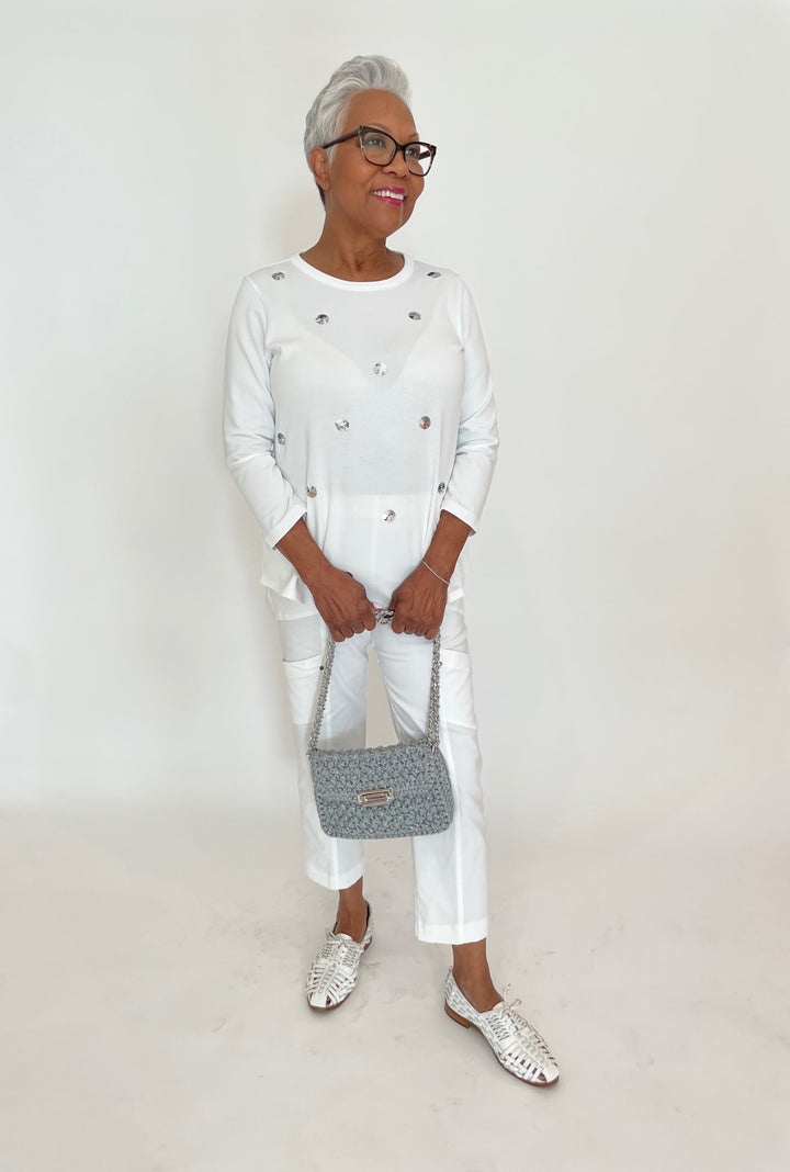 E.L.I Ruth 3/4 Sleeve Top With Sequin Dots in White/Silver paired with Elliott Lauren White Crop Cargo Pants, Lorenza Gandaglia Silver Bagatelle available at Barbara Katz