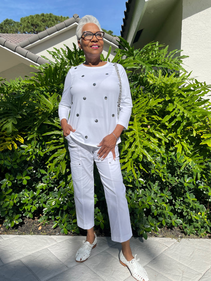 E.L.I Ruth 3/4 Sleeve Top With Sequin Dots in White/Silver paired with Elliott Lauren Crop Cargo Pants in White available at Barbara Katz