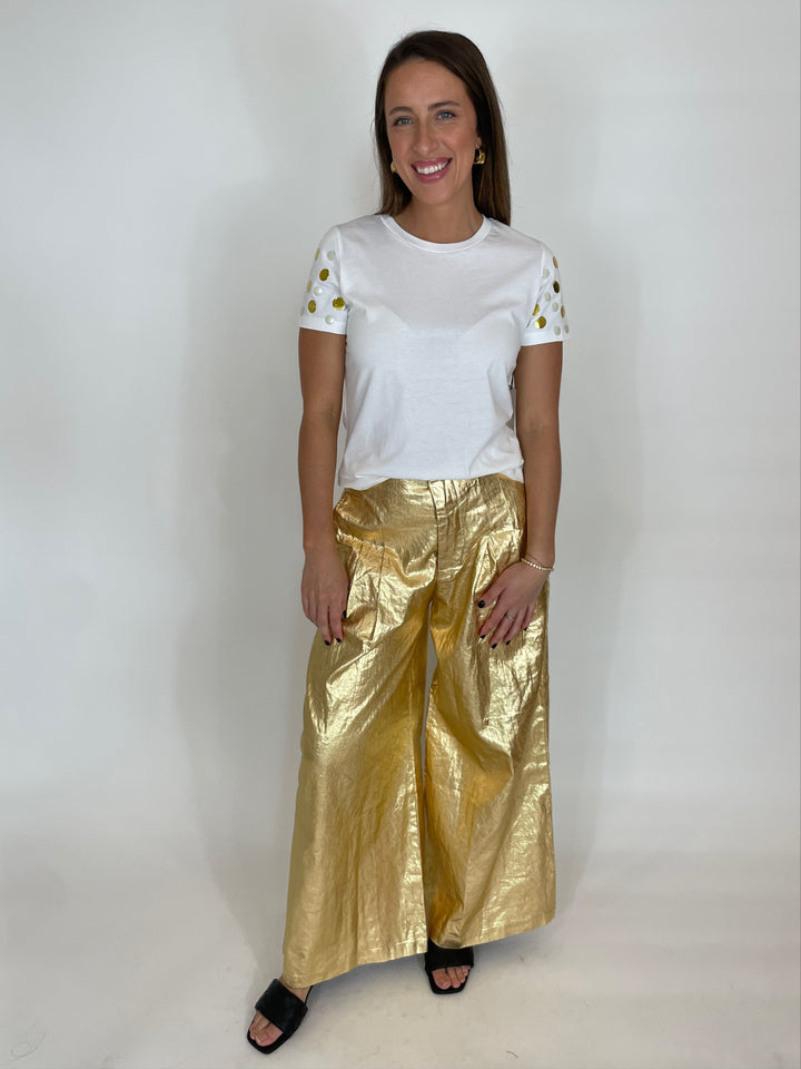 Suzy T Short Sleeve Stud T-Shirt in White/Pearl/Gold paired with Lanhtropy Foiled Linen Culottes in Gold available at Barbara Katz