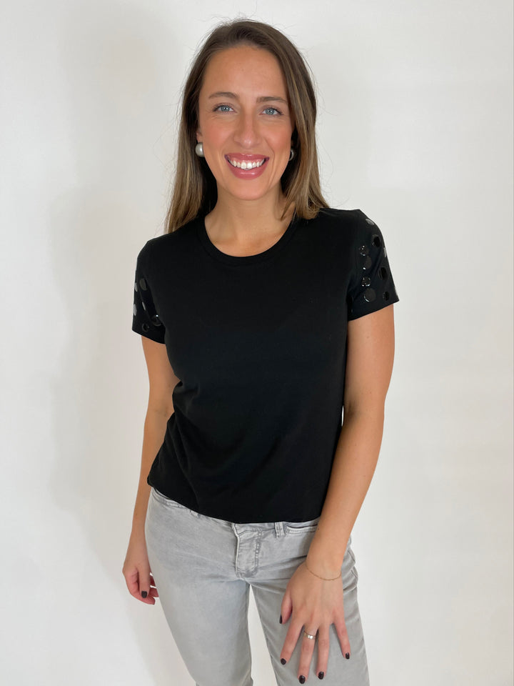 Suzy T Short Sleeve Stud T-Shirt in Black/Black with PONO Lea Barile Earrings in Silver available at Barbara Katz