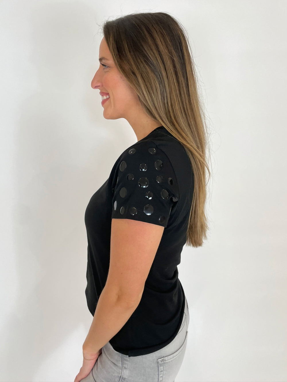 Suzy T Short Sleeve Stud T-Shirt in Black/Black available at Barbara Katz