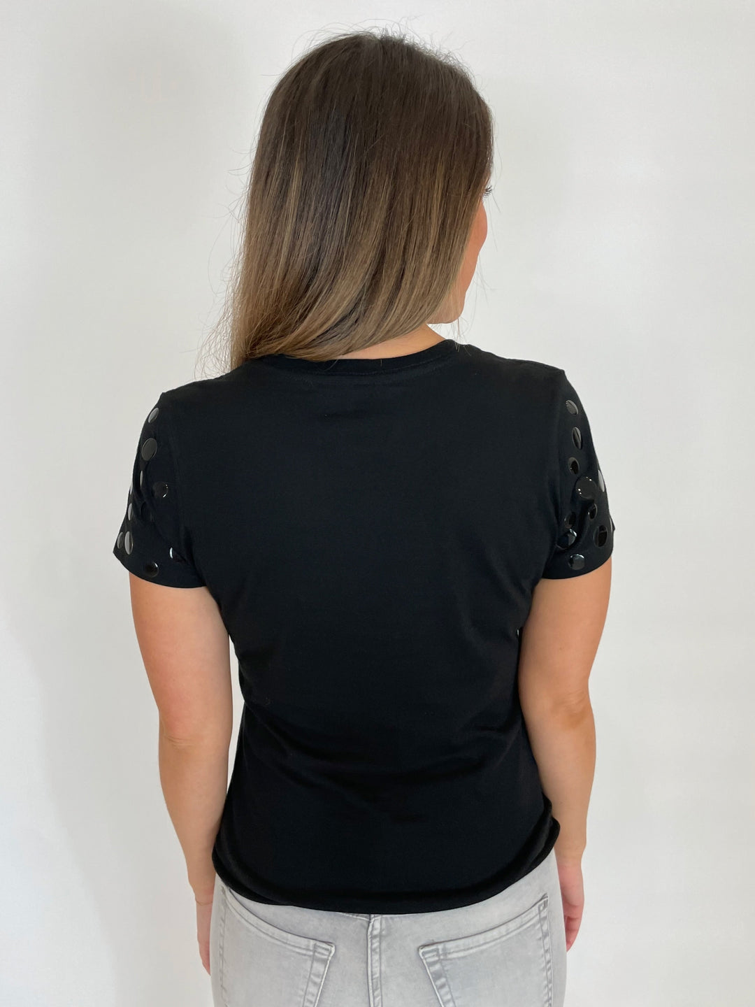 Suzy T Short Sleeve Stud T-Shirt in Black/Black available at Barbara Katz