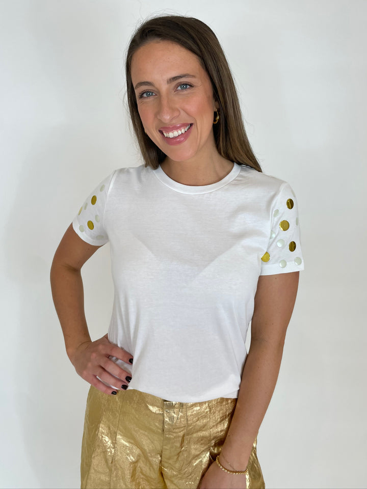 Suzy T Short Sleeve Stud T-Shirt in White/Pearl/Gold available at Barbara Katz