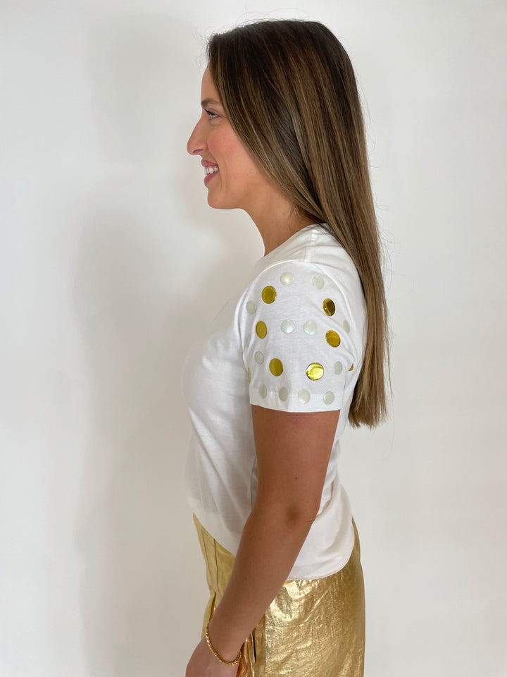 Suzy T Short Sleeve Stud T-Shirt in White/Pearl/Gold available at Barbara Katz