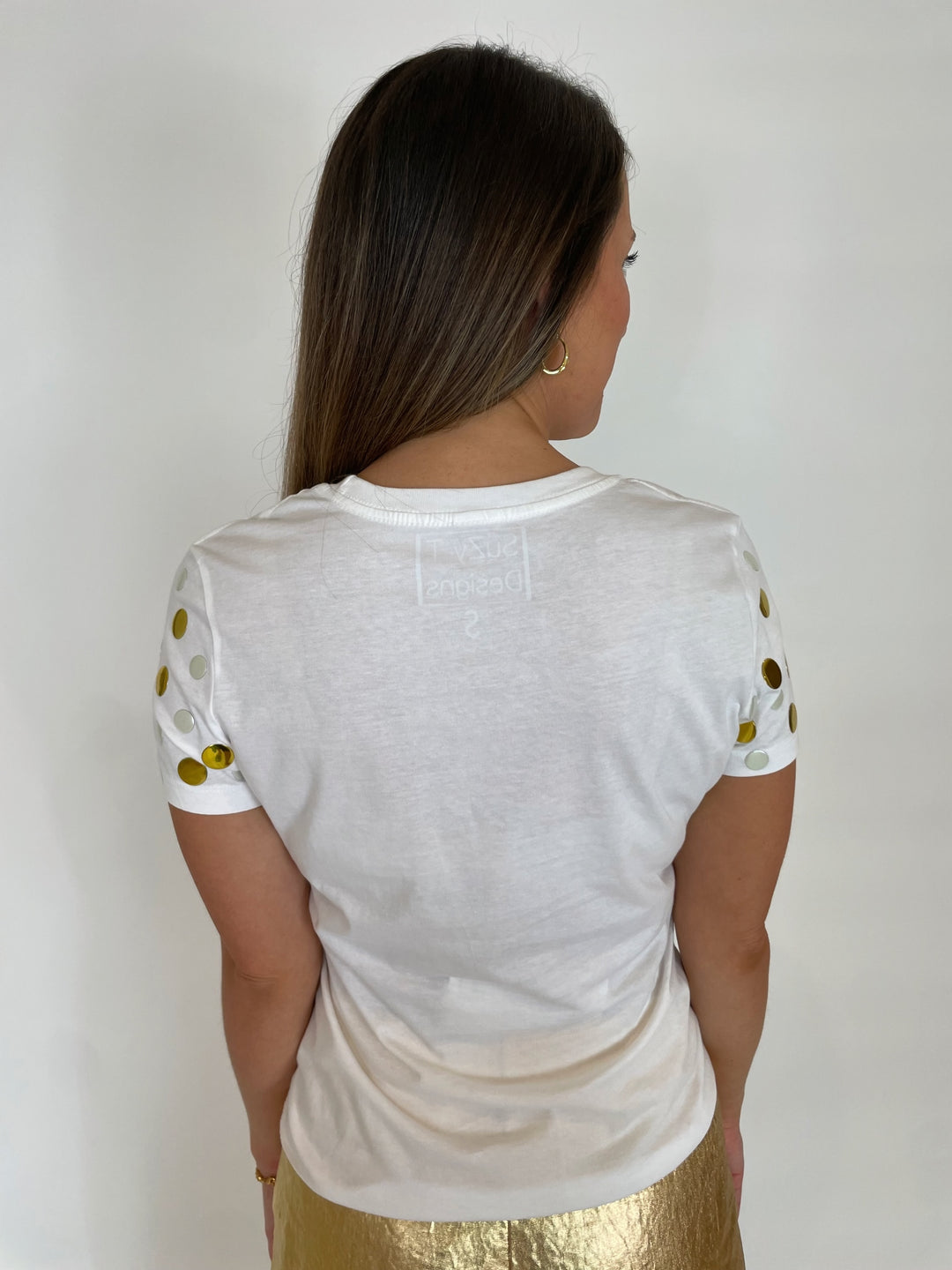 Suzy T Short Sleeve Stud T-Shirt in White/Pearl/Gold available at Barbara Katz