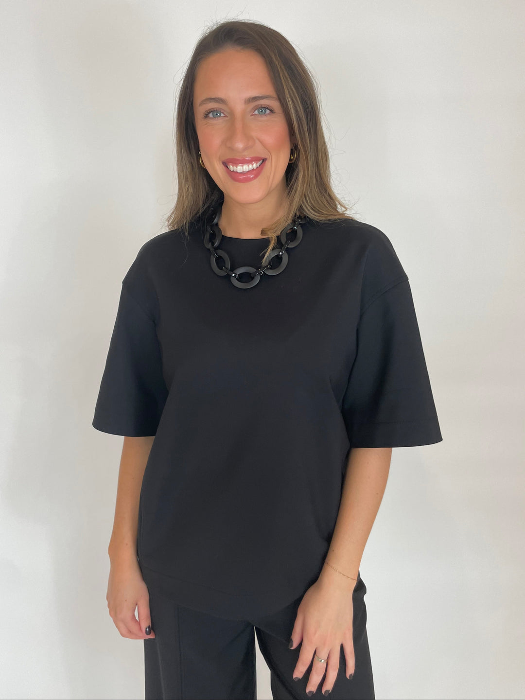 Simkhai Aude Short Sleeve Cotton Top in Black with PONO Linda Barile Necklace in Matte Black available at Barbara Katz