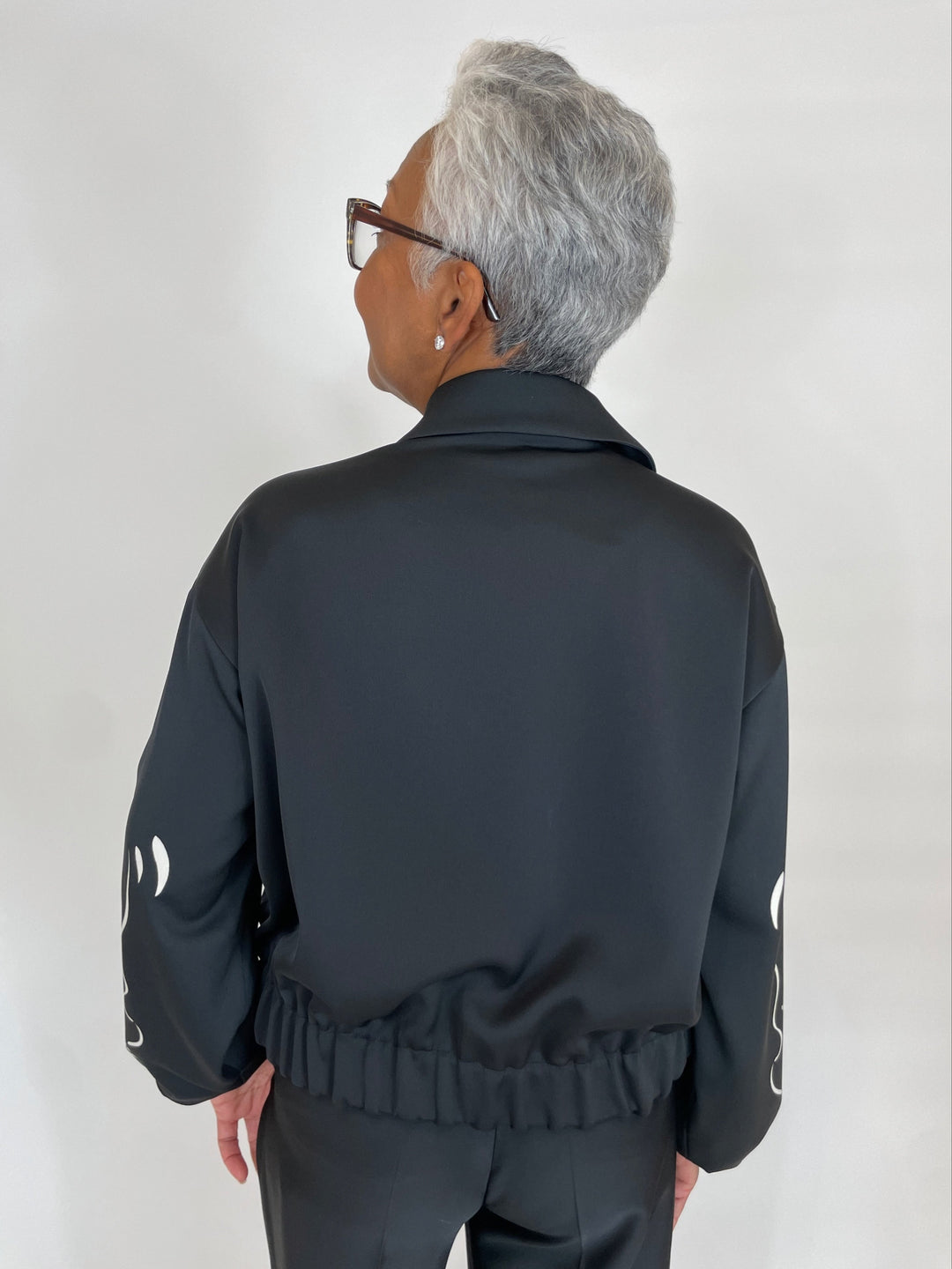 Marella Natalia Satin Bomber Jacket in Black Placed available at Barbara Katz