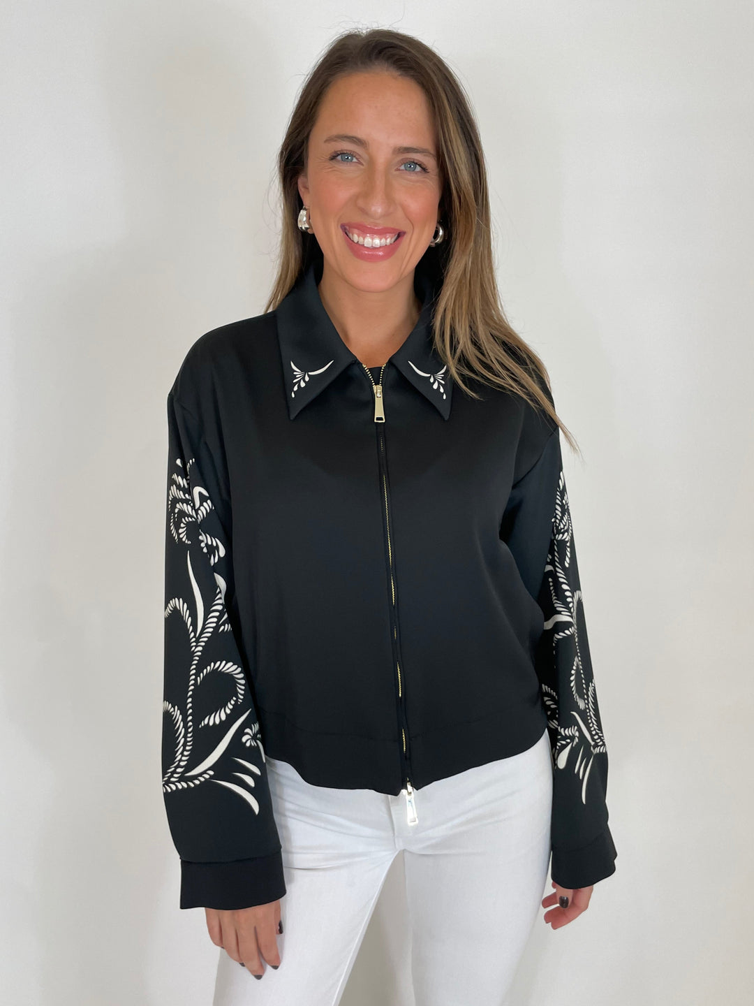 Marella Natalia Satin Jacket in Black Placed available at Barbara Katz